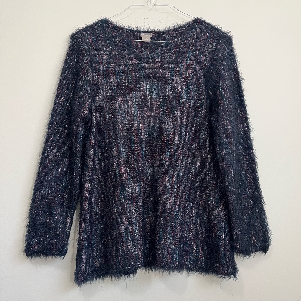 Chico’s Sweater Multicolor Marled Eyelash Fuzzy Pullover Boatneck Size 2 US L